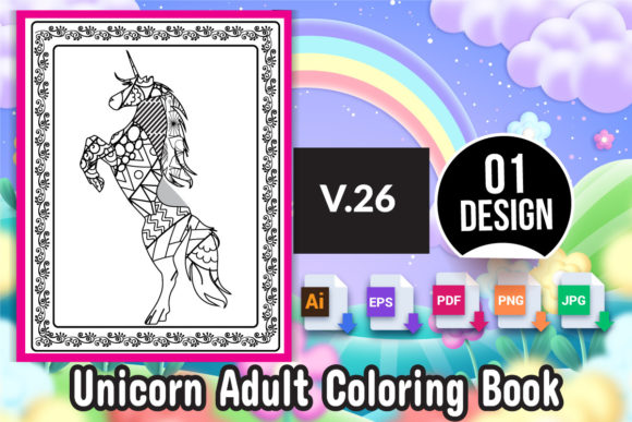 Unicorn Adult Coloring Book V-26 Printable KDP Interior