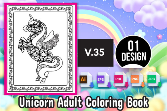 Unicorn Adult Coloring Book V-35 Printable Design Bundle